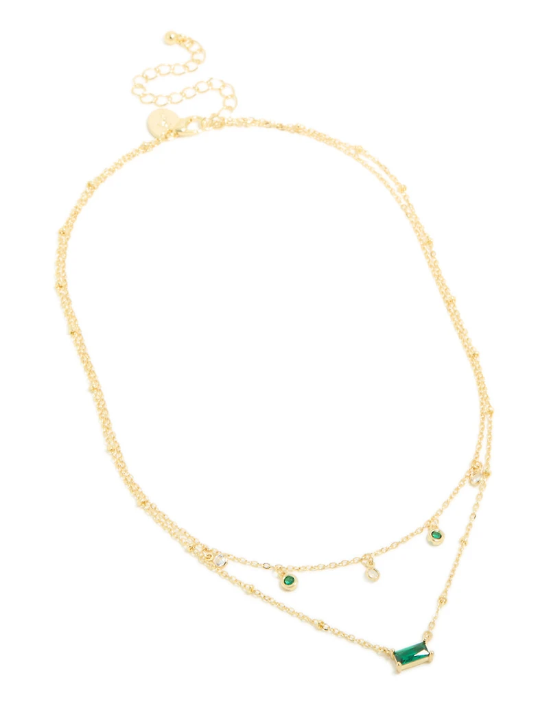 Gold Plated Emerald Cubic Zirconia Baguette & Droplets Layered Necklace