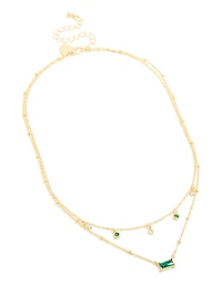 Gold Plated Emerald Cubic Zirconia Baguette & Droplets Layered Necklace