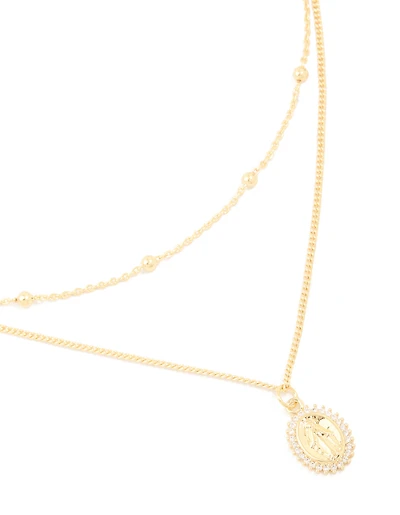 Gold Plated Brass Cubic Zirconia Mary Pendant & Ball Chain Layered Necklace
