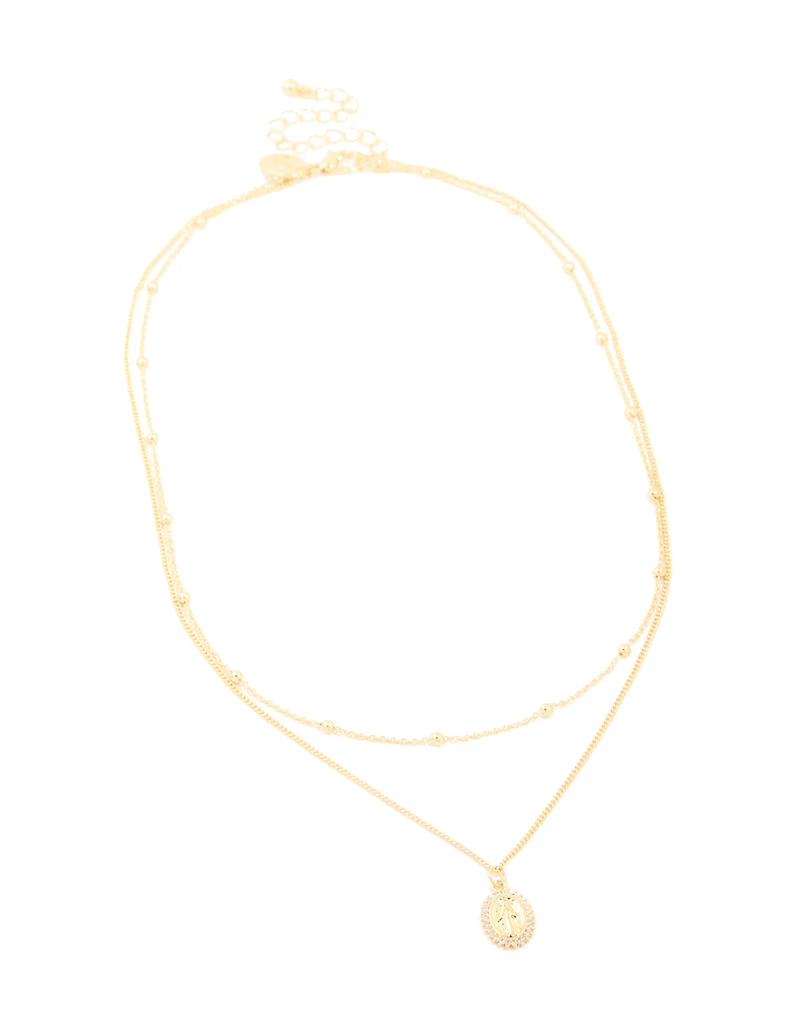 Gold Plated Brass Cubic Zirconia Mary Pendant & Ball Chain Layered Necklace