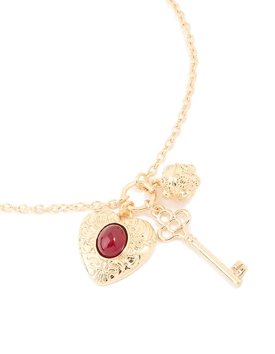 Gold Red Stone Centre Heart, Flower & Key Charm Necklace
