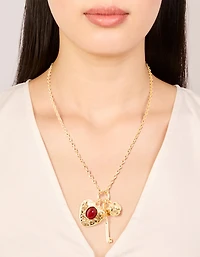 Gold Red Stone Centre Heart, Flower & Key Charm Necklace