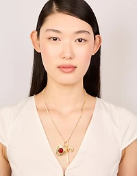 Gold Red Stone Centre Heart, Flower & Key Charm Necklace