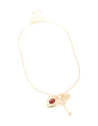 Gold Red Stone Centre Heart, Flower & Key Charm Necklace