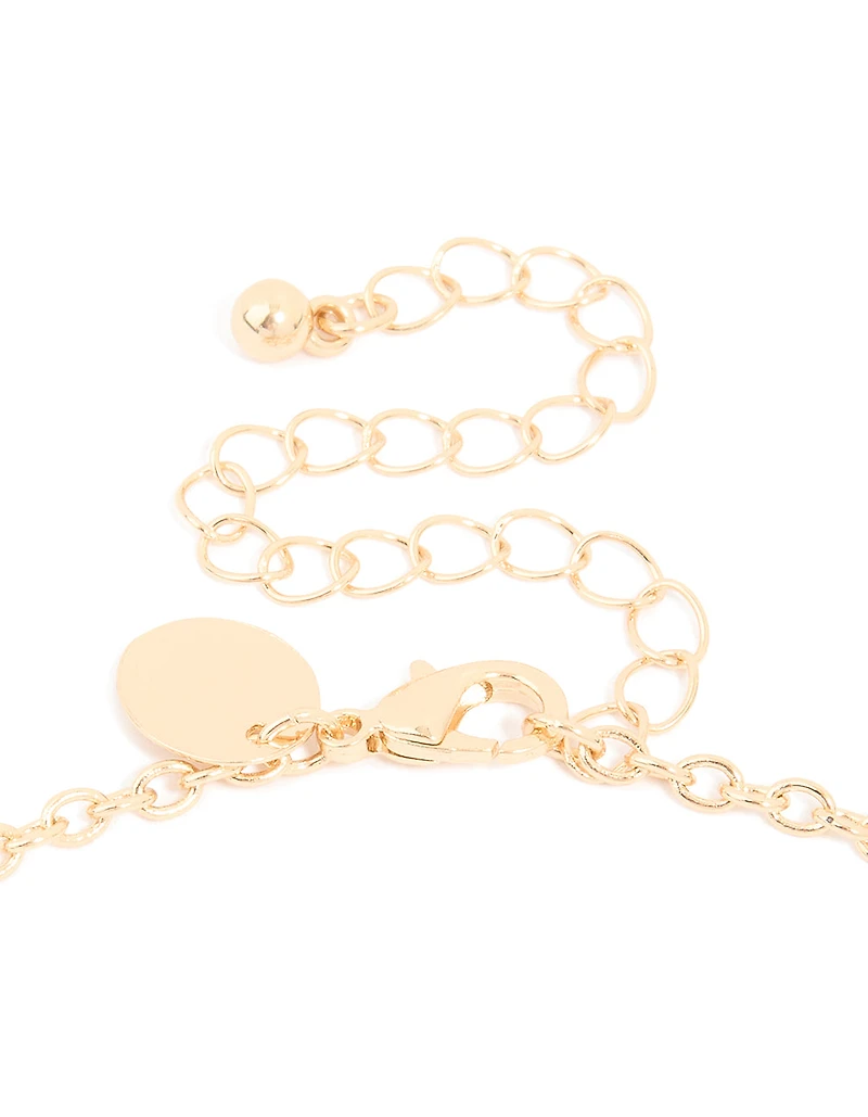 Gold Red Stone Centre Heart, Flower & Key Charm Necklace