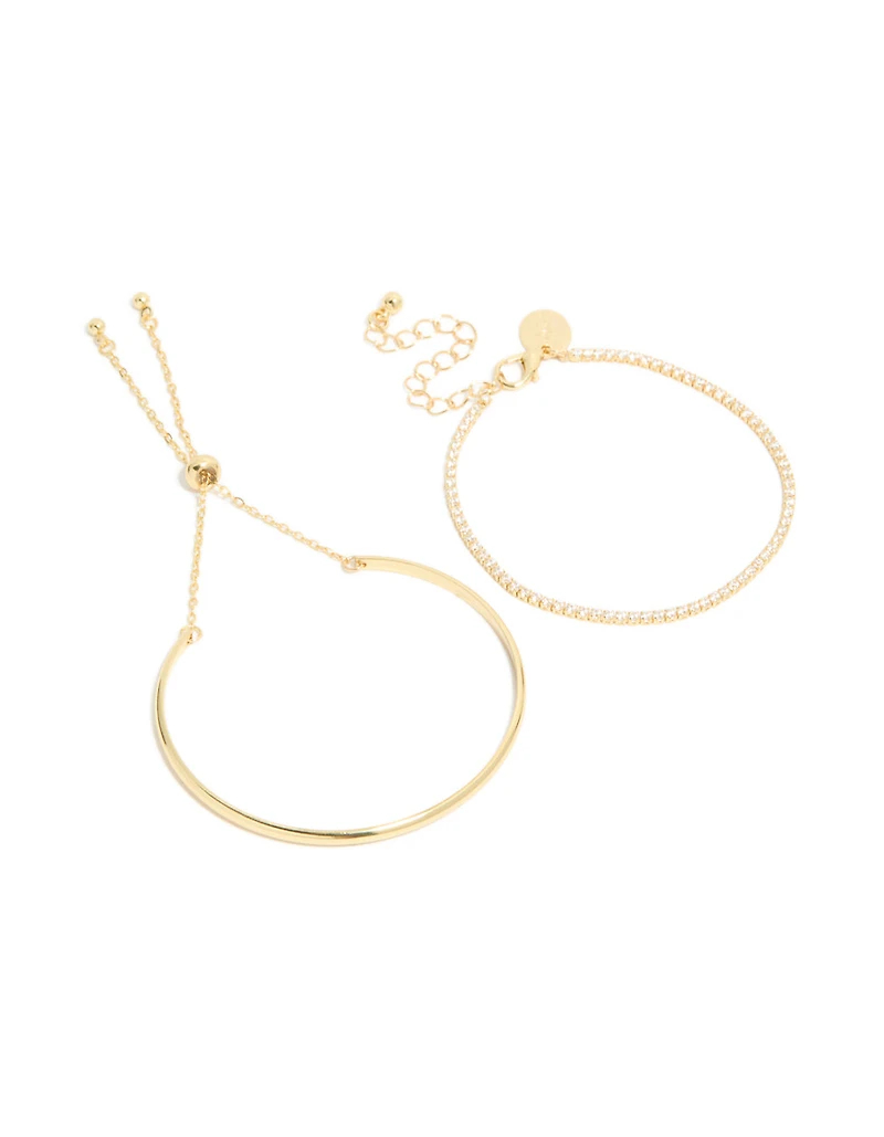 Gold Plated Cubic Zirconia Tennis & Cuff Toggle Bracelets 2-Pack