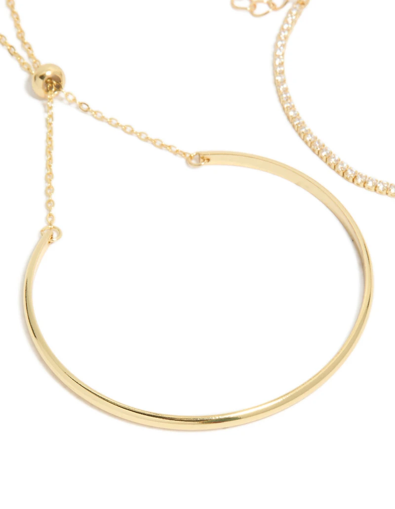 Gold Plated Cubic Zirconia Tennis & Cuff Toggle Bracelets 2-Pack