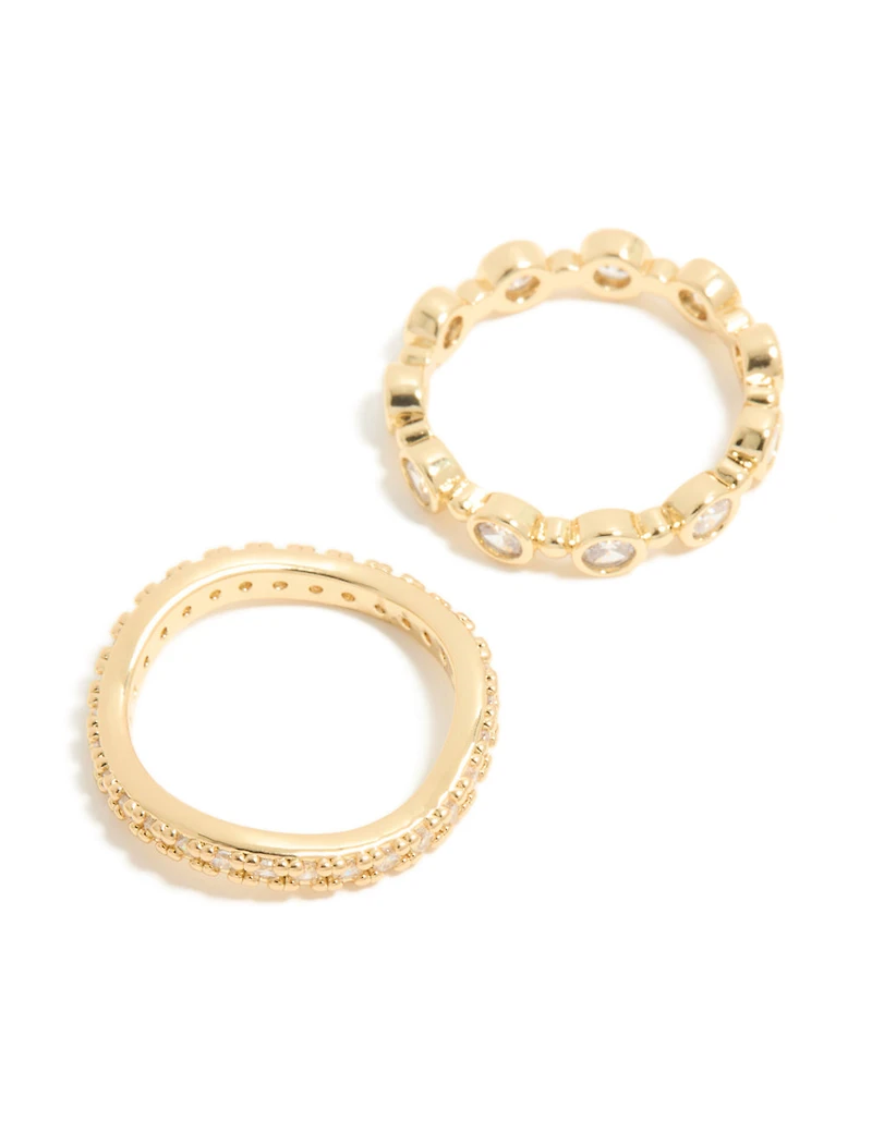 Gold Plated Cubic Zirconia & Wavy Rings 3-Pack