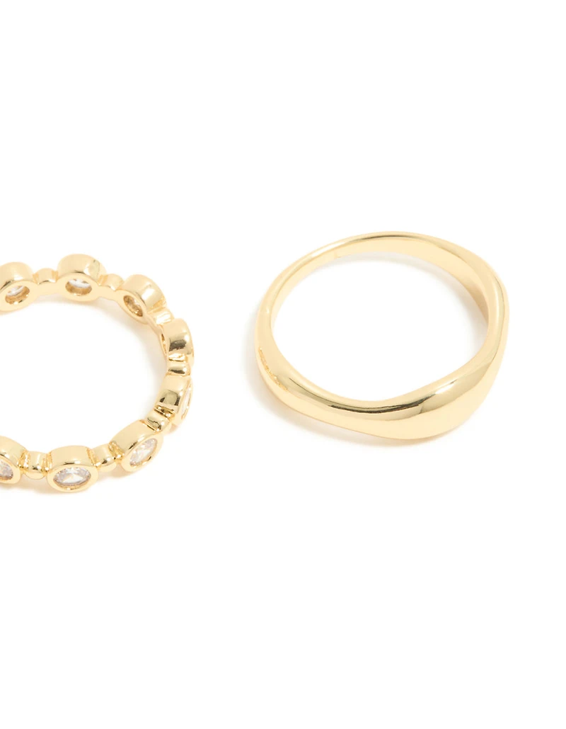 Gold Plated Cubic Zirconia & Wavy Rings 3-Pack