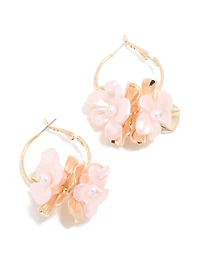 Gold Beaded Centre Pink Flower Hoop Earrings