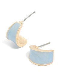 Gold Light Blue Shiny Curved Open Hoop Earrings