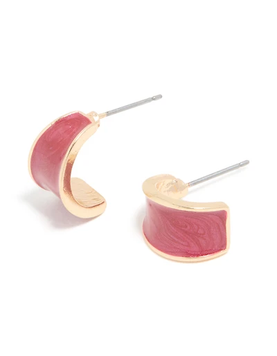 Gold Red Curved Shiny Hoop Earrings