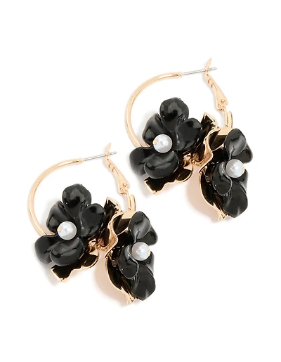 Gold Beaded Centre Double Black Flower Hoop Earrings