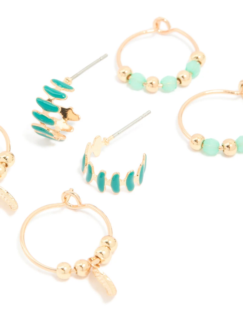 Gold Green Beaded & Leaf Huggie Earrings 3 Pack