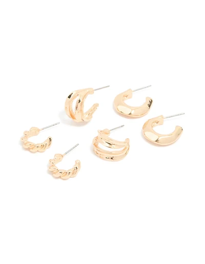 Boucles d’oreilles Huggie dorées et ouvertes torsadées pack de 3