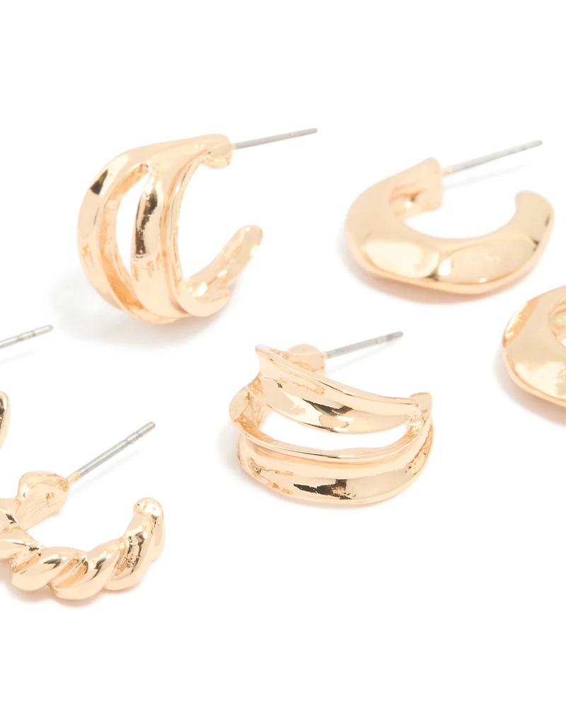 Boucles d’oreilles Huggie dorées et ouvertes torsadées pack de 3