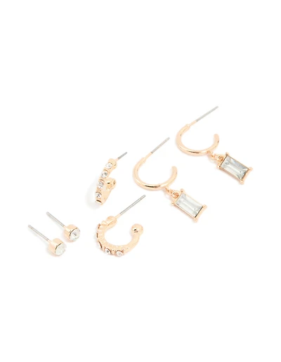 Gold Diamante Drop & Stud Earrings 3-Pack