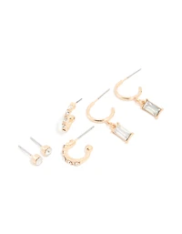 Gold Diamante Drop & Stud Earrings 3-Pack