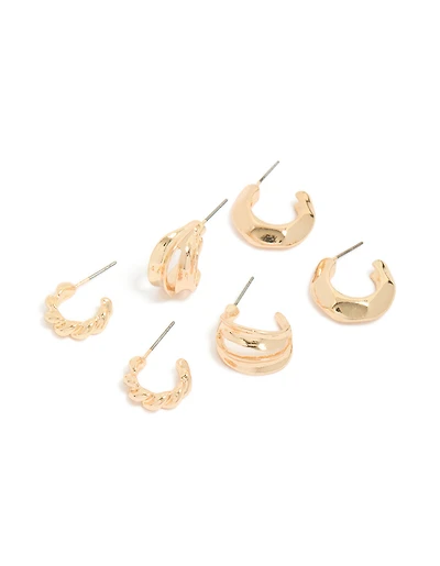 Boucles d'oreilles créoles texturées dorées (lot de 3)