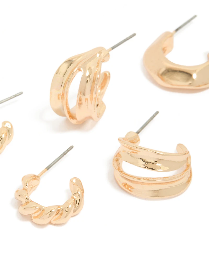 Gold Chubby Textured Huggie Earrings 3 Pack