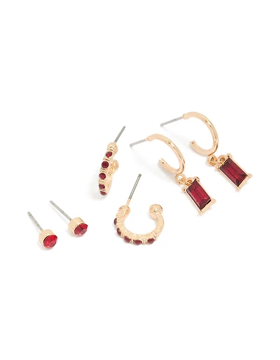 Gold Red Diamante Stud & Hoop Earrings 3-Pack