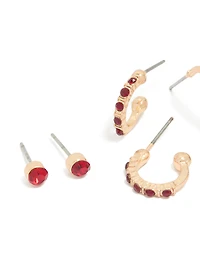 Gold Red Diamante Stud & Hoop Earrings 3-Pack