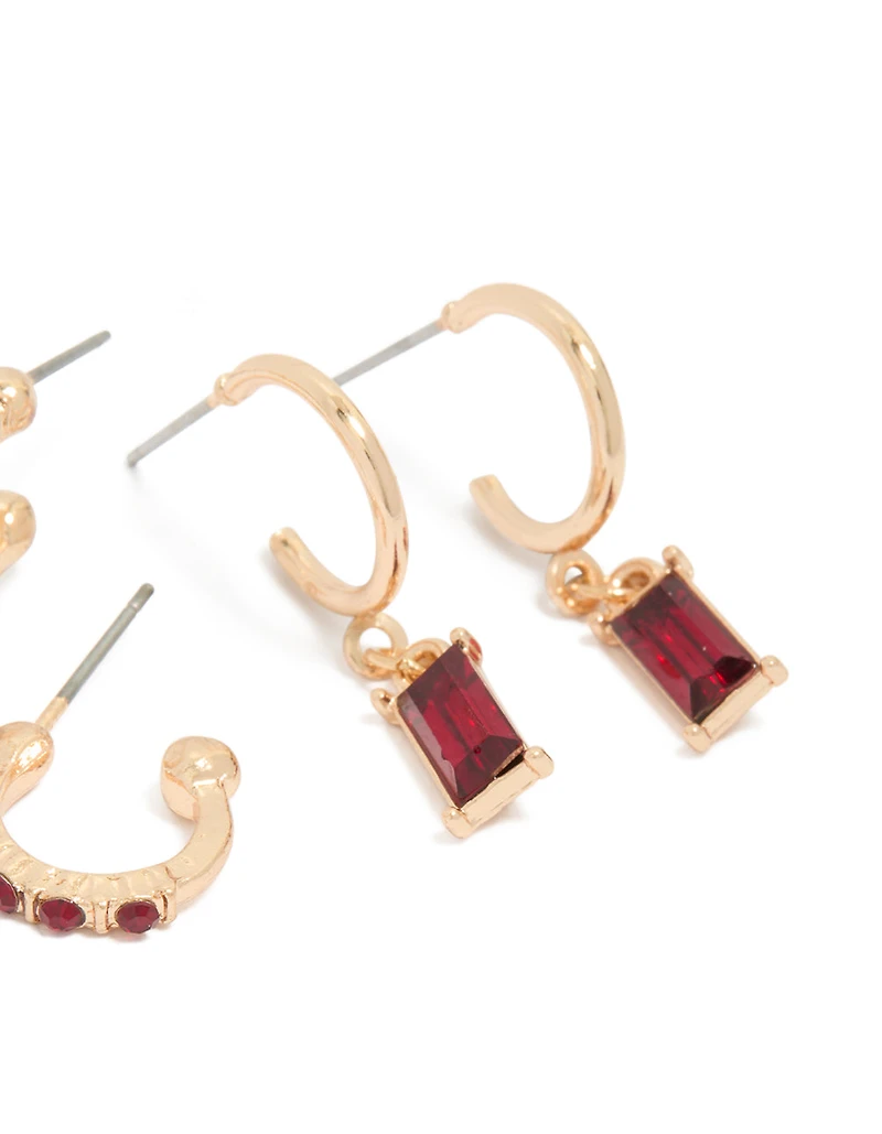 Gold Red Diamante Stud & Hoop Earrings 3-Pack