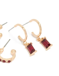 Gold Red Diamante Stud & Hoop Earrings 3-Pack