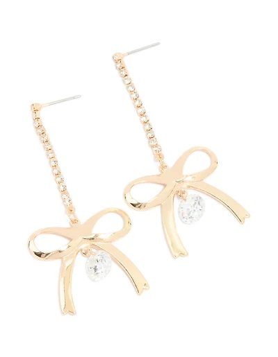Gold Diamante Cup Chain Bow Drop Earrings