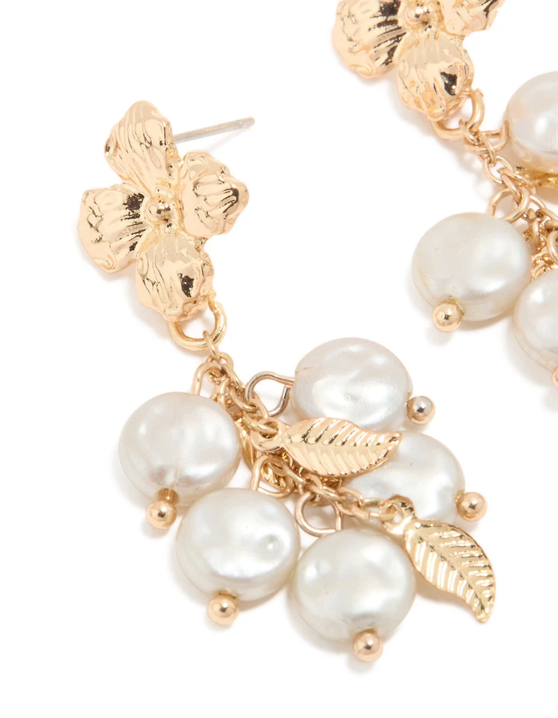 Gold White Pearlised Flower Drop Earrings