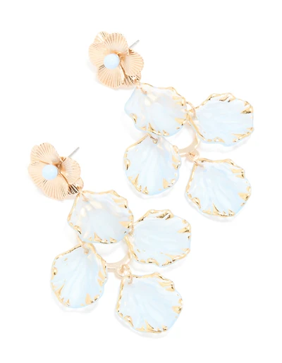 Gold Light Blue Petals Drop Stud Earrings