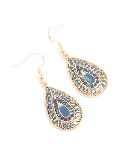 Gold Dark Blue Diamante Filigree Drop Earrings