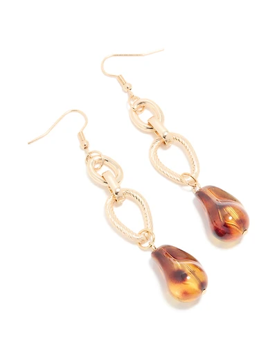 Gold Chain Link & Brown Beaded Drop Earrings