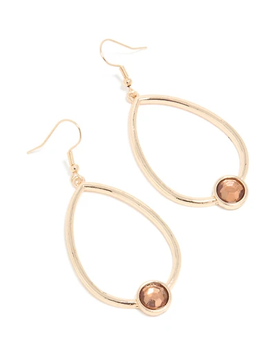 Gold Brown Pear & Round Drop Earrings