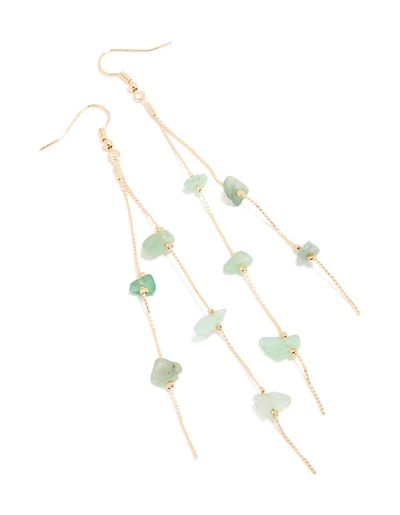 Gold Green Semi Precious Stone Chip & Chain Drop Earrings