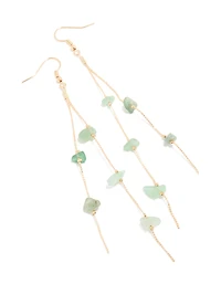 Gold Green Semi Precious Stone Chip & Chain Drop Earrings