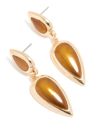 Gold Pointed Double Brown Pear Drop Earrings