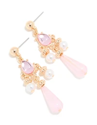 Gold Pink Diamante & Pearl Layered Drop Earrings