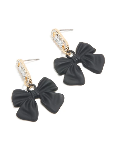 Gold Black Coated Metal Bow & Oval Diamante Bow Drop Earrings
