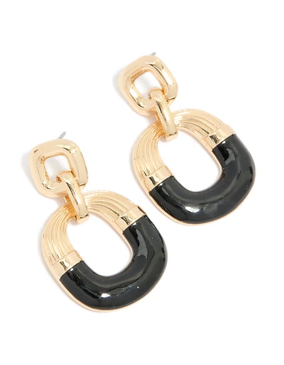 Gold Ribbed Square Black Dipped Drop Earrings