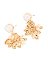 Gold Pearl Leaf Drop Earrings