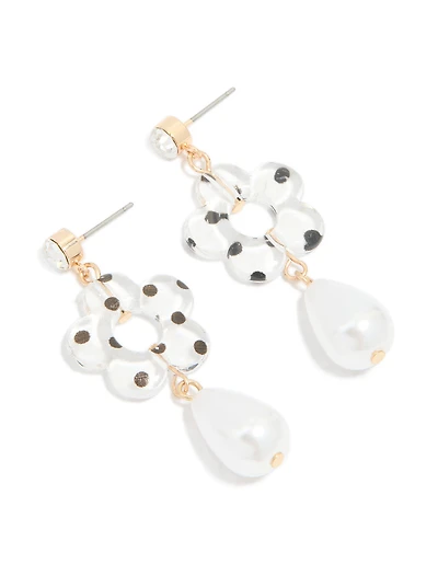 Gold Acrylic Diamante Flower & Pearl Drop Earrings