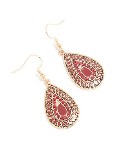 Boucles d’oreilles en filigrane en forme de larme en diamant rouge doré