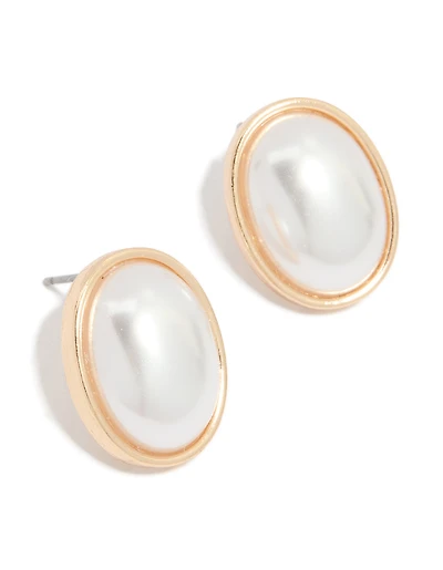 Gold Oval Pearl Stud Earrings