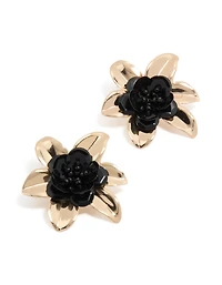 Gold Black Beaded Flower Stud Earrings