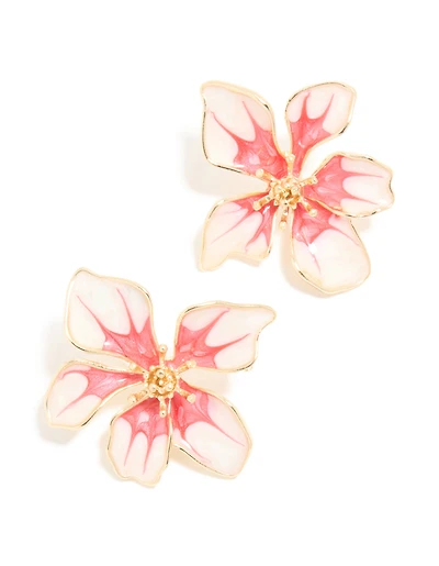 Gold Red Painted Flower Stud Earrings