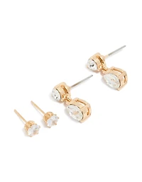 Gold Diamante Drop & Classic Stud Earrings 2-Pack