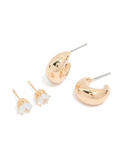 Gold Teardrop & Diamante Stud Earrings 2-Pack