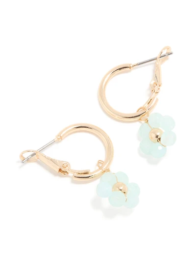 Gold Light Blue Beaded Flower Huggie Earrings