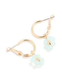 Gold Light Blue Beaded Flower Huggie Earrings